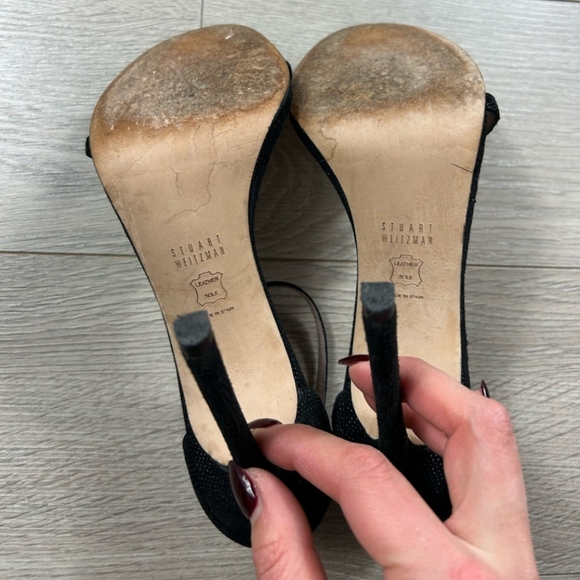 Stuart Weitzman Black Textured Leather Nudist Heeled Sandals - Picture 9 of 10